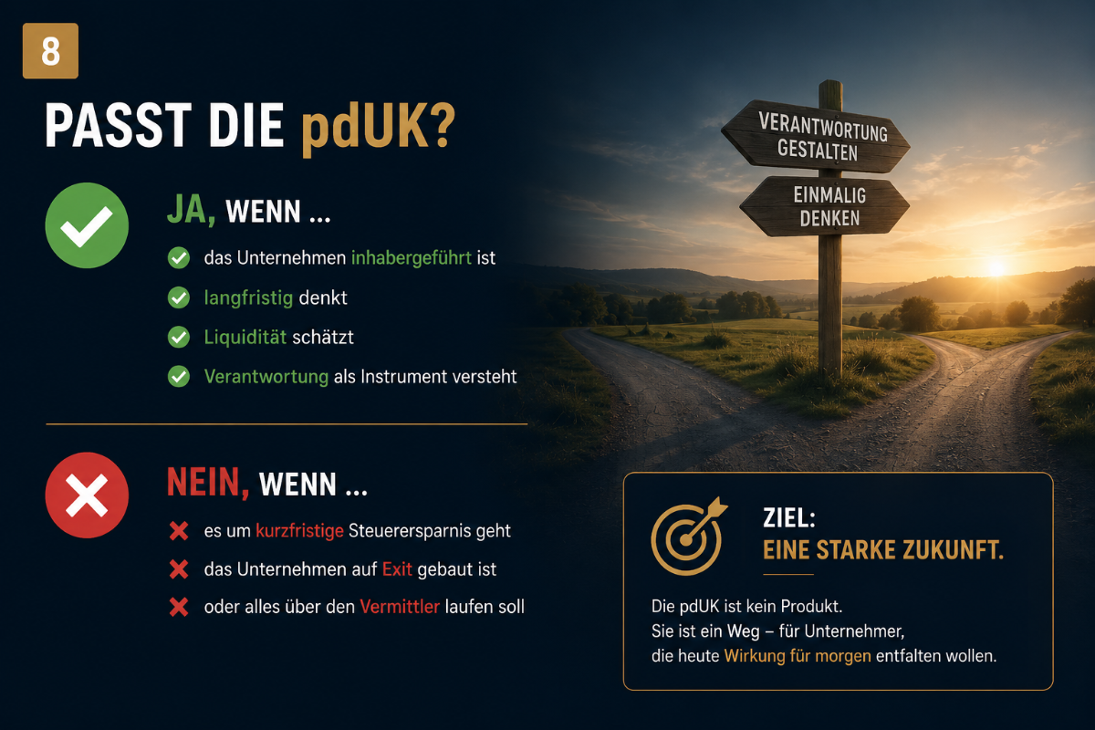 Infografik pdUK Unternehmensverantwortung mit Wegweiser bei Sonnenuntergang und Entscheidungskriterien
