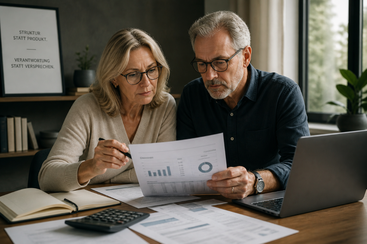 Geschäftspaar mit Brille analysiert gemeinsam Finanzberichte mit Diagrammen am Schreibtisch